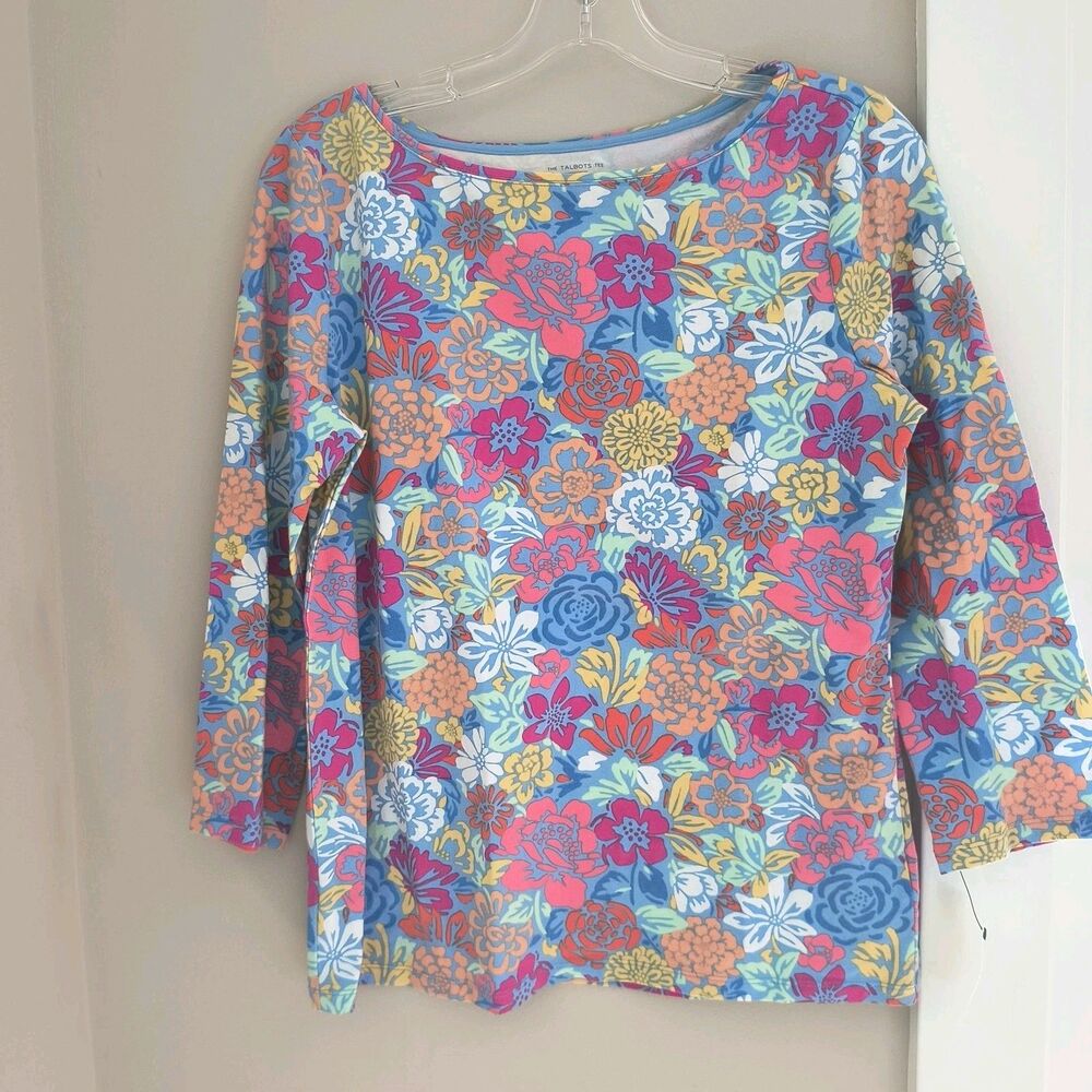 Talbots Tee Top NEW M Multicolor Floral Cotton Stretch Cottage Coastal Vacation